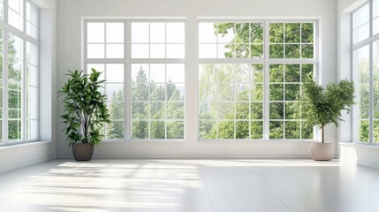 Fototapeta premium Spacious interior with bright white walls, expansive windows, vibrant greenery outside, inviting natural light and serene atmosphere