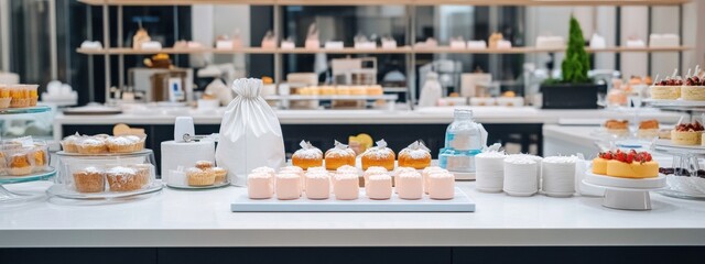 Obraz premium Pastry Chef's Creative Workspace, vibrant pastry bags, intricate molds, beautifully decorated cakes, a hub of culinary artistry and innovation