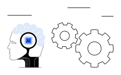 Human head silhouette with AI chip in brain, connected gears next to it. Ideal for technology, artificial intelligence, automation, innovation, machine learning, future tech. Line metaphor