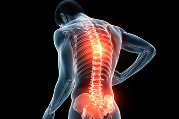 Human spine illustration, man holding his hand in the back pain area