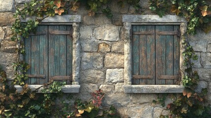 Charming rustic wall adorned with vintage shutters and lush climbing ivy, evoking a timeless, serene atmosphere