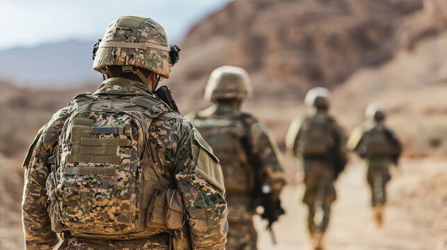 Soldiers in Camouflage Uniforms Marching Through Rugged Desert Terrain