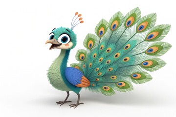 Obraz premium 3D rendered Peacock, animated cartoon-style illustration on a white background.