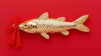 Naklejka premium Golden Fish Ornament with Red Tassel on Vibrant Red Background