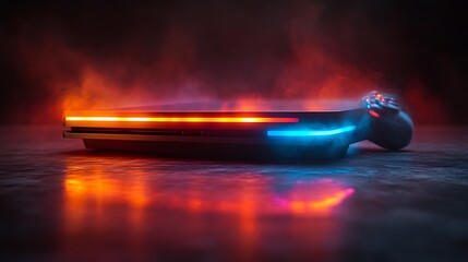 Glowing game console and controller in smoky setting.