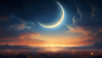 Naklejka premium Eid mubarak greeting card. Eid mubarak background. mosque at night. Ramadan Kareem background with mosque at night complemented by crescent moon, clouds and shining stars.