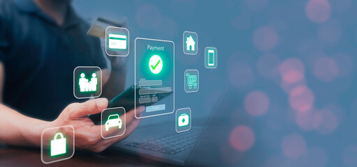 Man using laptop and smartphone for financial transactions, Online shopping, Health, insurance, Home and car instalment to Payment via mobile banking apps. Digital banking online payments concept.