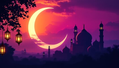 Obraz premium Ramadan Night: Crescent Moon, Mosque, and Lanterns
