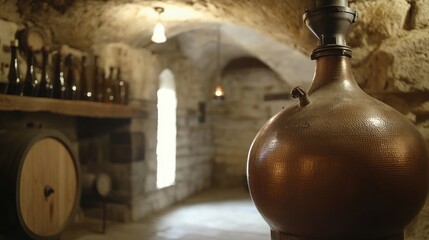 Alcohol distillation process in an ancient copper still 