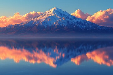 Obraz premium Majestic snow capped mountain reflected in tranquil lake at sunset