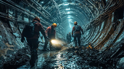 Obraz premium Workers in Tunnel with Hard Hats and Flashlights During Excavation Job