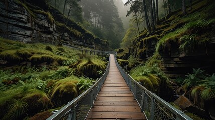 Obraz premium hiking trail,Suspended footbridge over mossy gorge connects hiking trails through cliffs.