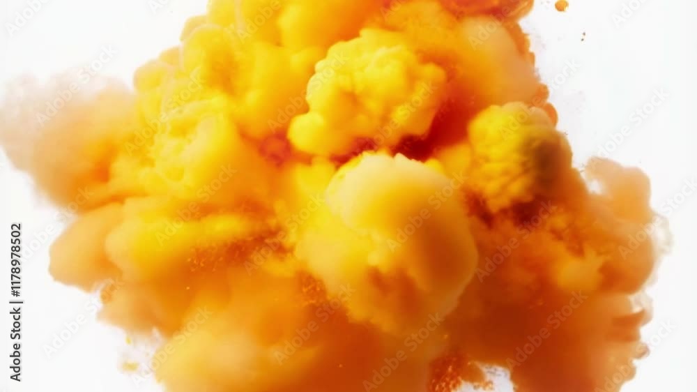 Aufkleber Digital animation of a cloud of bright orange tones bursting into flames with small particles on a white background. Its dynamics emphasize the movement and explosion of energy