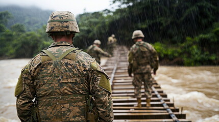 Fototapeta premium Soldiers Crossing a Wooden Bridge Over a Flooded River in Rainy Weather