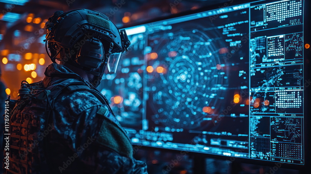 Aufkleber soldier analyzing advanced data on high-tech computer screen in dark room