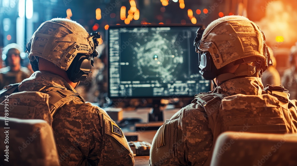 Poster soldiers analyzing tactical data in high-tech operations center