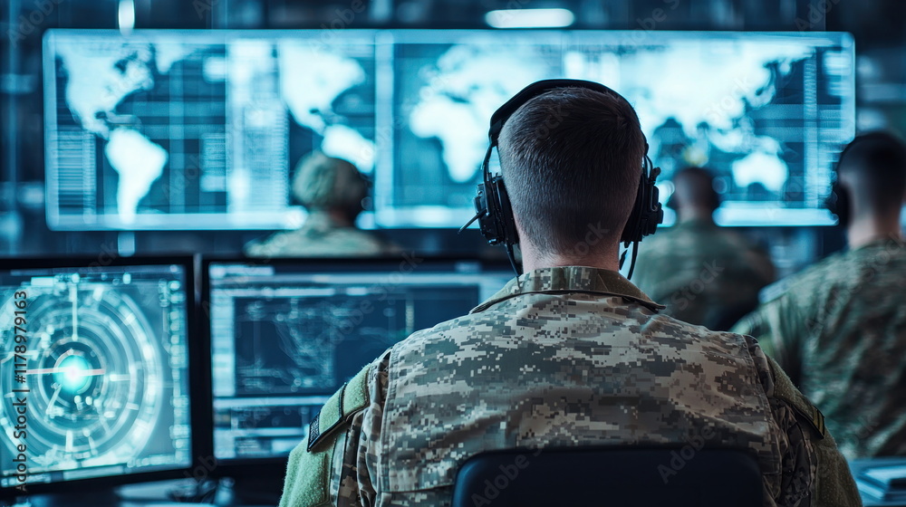 Poster Military Personnel Analyzing Data in High-Tech Operations Center