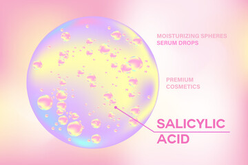 Glowing 3d salicylic acid liquid droplet molecule formula, with light fluid background. Moisturizer serum chemical formula with copy space. Beauty treatment, cosmetics ingredient infographic banner