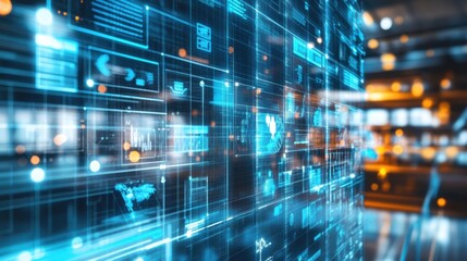 Futuristic glass wall featuring transparent displays, sleek tech elements, innovative design, modern architecture, urban ambiance.