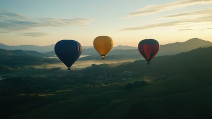 Fototapeta premium Hot air balloons over the rolling hills of Minas Gerais at sunrise 