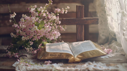 A Peaceful Still-Life Composition with an Open Bible, Wooden Cross, and Spring Flowers