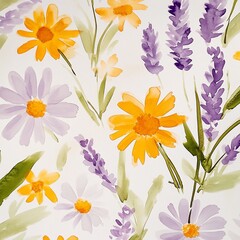 Vibrant Floral Pattern with Daisies and Lavender
