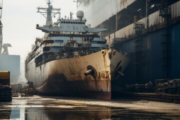 Rusty abandoned ship docking at industrial harbor during overcast day