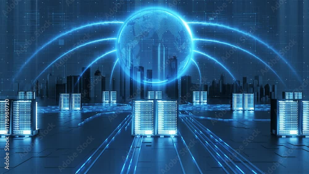 Wall mural technology earth data flow, global internet information processing. future high-tech server cluster,