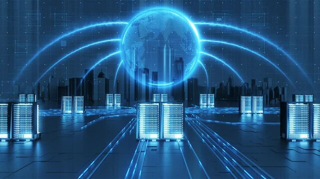 Technology earth data flow, global Internet information processing. Future high-tech server cluster, AI and IOT innovation development. - Powered by Adobe