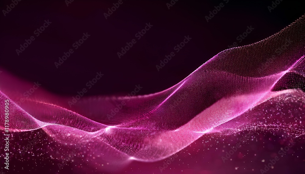 Aufkleber Abstract wave particle technology background. Abstract pink background with wavy particle lines on the dark background. 