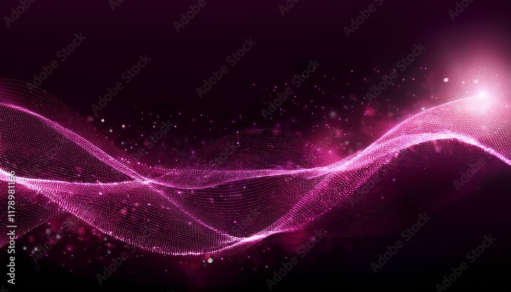 Aufkleber Abstract wave particle technology background. Abstract pink background with wavy particle lines on the dark background. 