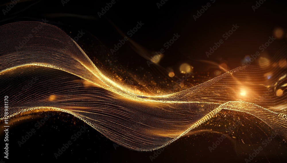 Aufkleber Abstract wave particle technology background. Abstract gold background with wavy particle lines on the dark background. 