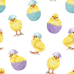 Easter mood cute yellow chicks with pastel color painted eggs seamless pattern on white background. Hand drawn watercolor illustration. Perfect for Easter festive decoration and spring crafts