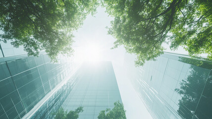 Modern glass office building with big trees around to reduce heat and carbon dioxide