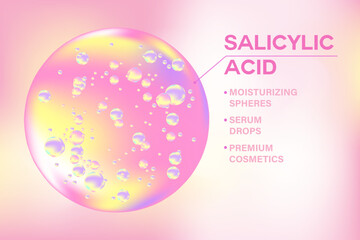 Glowing 3d salicylic acid liquid droplet molecule formula, with light fluid background. Moisturizer serum chemical formula with copy space. Beauty treatment, cosmetics ingredient infographic banner
