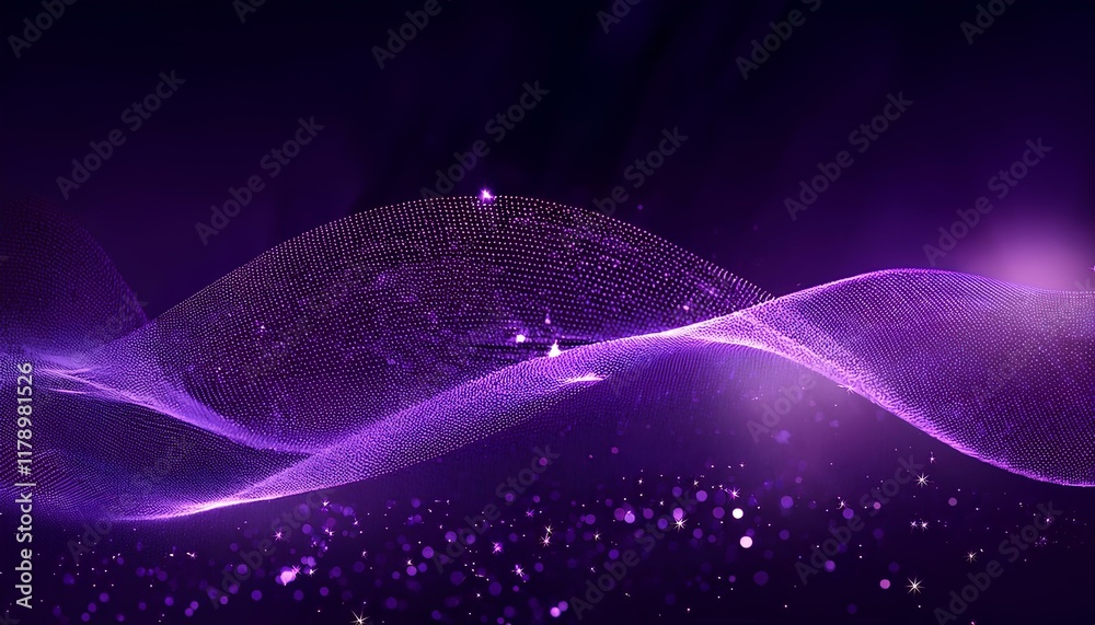 Aufkleber Abstract wave particle technology background. Abstract purple background with wavy particle lines on the dark background. 