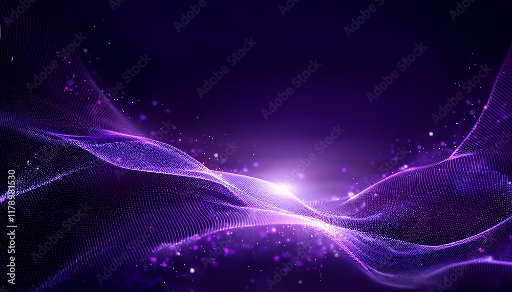 Aufkleber Abstract wave particle technology background. Abstract purple background with wavy particle lines on the dark background. 