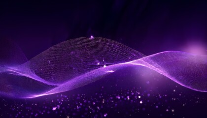 Abstract wave particle technology background. Abstract purple background with wavy particle lines on the dark background. 