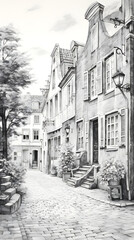 Vivid HB Pencil Sketch Illustrating Old Town Street with Traditional Architecture