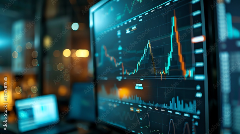 Poster close-up of a computer screen displaying financial graphs and data.