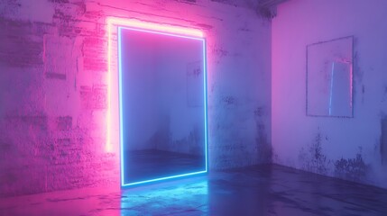 Obraz premium Neon Lights Illuminate a Room with Mirrors and Textured Walls