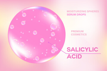 Glowing 3d salicylic acid liquid droplet molecule formula, with light fluid background. Moisturizer serum chemical formula with copy space. Beauty treatment, cosmetics ingredient infographic banner