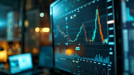 Close-up of a computer screen displaying financial graphs and data.