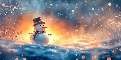 Background image of a snowman with softly glowing blurred bokeh lights creating a magical winter atmosphere, style book illustration