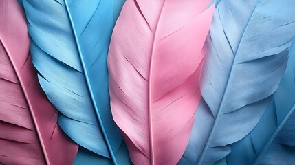 Pastel pink and blue feathers background, design texture.