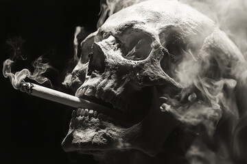 Human Skull Smoking Cigarette in Smoke