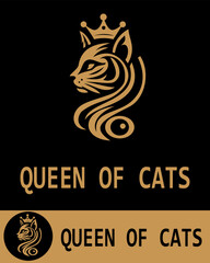 A luxurious cat-themed logo featuring a regal feline with a crown in golden tones