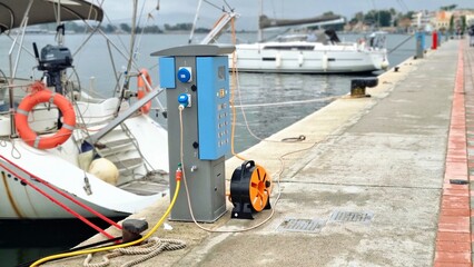Electric power supply station on a marina dock with yachts in the background