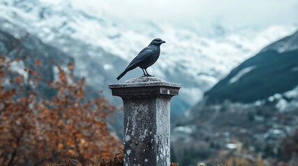 A stone sculpture of a bird sitting on a pedestal with a snowy mountain backdrop