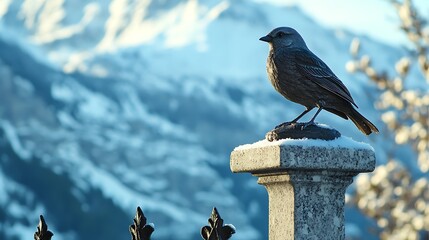 A stone sculpture of a bird sitting on a pedestal with a snowy mountain backdrop